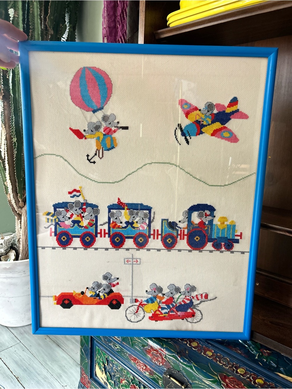 Vintage Framed Mouse Needlepoint Cross Stitch Train Plane Balloon 24” x 19”